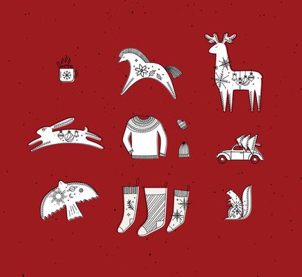 Merry christmas symbols cup, horse, deer, rabbit, hat, glove, pullover, car, tree, bird, squirrel, socks drawing in graphic style on red background