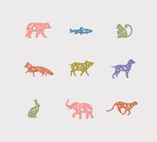 Set of animals floral graphic silhouettes bear, fish, monkey, fox, pig, dog, rabbit, elephant, cheetah drawing with color on dirty background vector