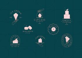 Bakery dessert labels with lettering in art deco style drawing on dark turquoise background vector