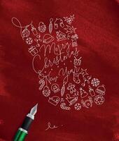 Toy socks lettering merry christmas and happy new year drawing with pen line on red background vector