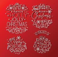 Christmas decorative elements for winter holidays in flat style, drawing with grey lines on red background vector