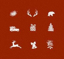 Set of decorative Christmas icon drawing in pen line style on red background. vector