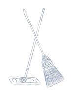 Broom and flat mop drawing in graphic style on light background vector