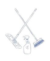 Flat mop, broom and glass cleaner drawing in graphic style on light background vector