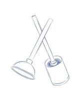 Cleaning tools toilet brush and plunger drawing in graphic style on light background vector
