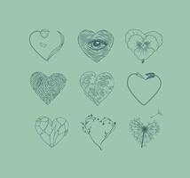 Hearts shape with flower, eye, fingerprint, wave, arrow, stone drawing in graphic style on green background vector