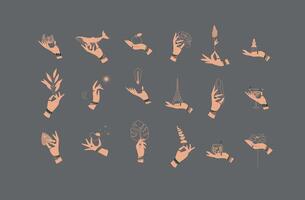 Hands labels with bracelets, rings holding decorative symbols in minimalist style drawing on gray background vector