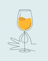 Hand holding glass of wine drawing in flat line style drawing on light background vector