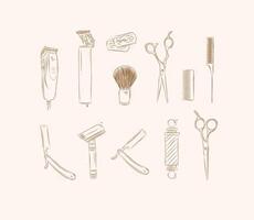 Barbershop collection with clipper, trimmer, blade, shaving brush, scissors, comb, straight razor, barber pole drawing on brown background vector