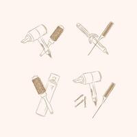 Hair styling tools and accessories compositions drawing on brown background vector
