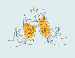 Hand holding pina colada and cuba libre cocktails clinking glasses drawing in flat line style on light background vector