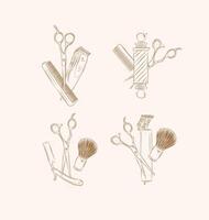 Barbershop symbol compositions collection with clipper, trimmer, blade, shaving brush, scissors, comb, straight razor, barber pole drawing on brown background vector