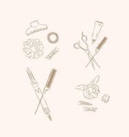Collection of tools and accessories for creating hairstyles drawing on brown background vector