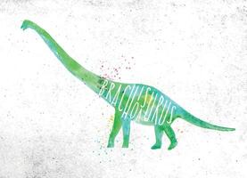 Dinosaur poster lettering brachiosaurus drawing with color, vivid paint on dirty paper background. vector