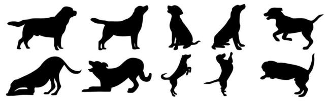 dog silhouette illustration collection. black silhouette on a white background showing various dog poses. ideas for pet themed designs vector