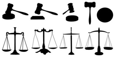 set of silhouettes of judge's gavel and scales of justice. isolated black silhouette suitable for justice and law themed designs. vector