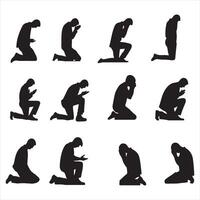 Man praying and praising God on knees silhouette white background vector
