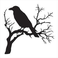 Ominous raven sitting on a bare tree branch silhouette white background vector