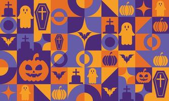 Modern abstract geometric Bauhaus pattern featured in Halloween banner for holiday celebration. horizontal banner with Bauhaus geometric elements including pumpkin, bat, ghost, and cemetery vector
