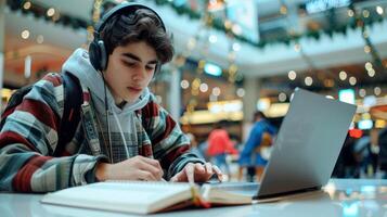 a young student woman listening to online learning lecture from earphones, writing summary, essay, notes in copybook photo