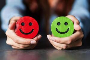 Contrasting Emotions on Hands Holding Red and Green Sad Face Icons for Feedback and Customer Satisfaction. photo