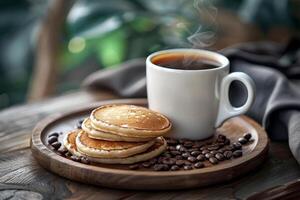A cup of coffee with pancakes for mockup on a table with coffee beans scattered around it. photo