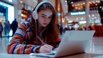 a young student woman listening to online learning lecture from earphones, writing summary, essay, notes in copybook photo