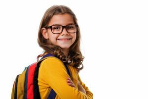 a girl with school backpack isolated on transparent white background. back to school concept photo