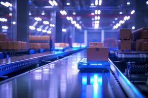 Sleek autonomous robotic vehicle with cardboard box navigating through the high-tech warehouse storage facility photo