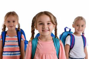 a girl with school backpack isolated on transparent white background. back to school concept photo