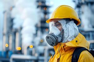 An environmental scientist testing air quality with a portable device in an industrial area, factories behind photo