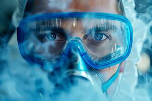 An environmental scientist testing air quality with a portable device in an industrial area, factories behind photo