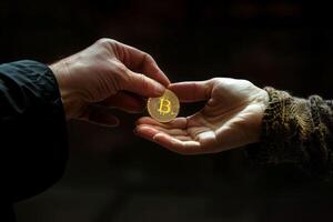 A male hand passes a shiny golden Bitcoin to another person against a dark background .symbolizing cryptocurrency transactions. photo
