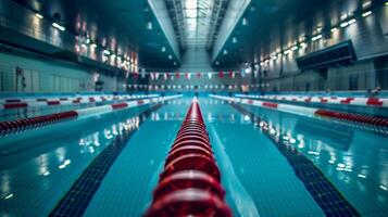 Indoor swimming pool lanes with focused lane ropes and blurred background photo