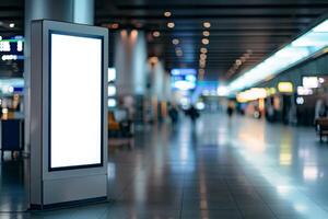 an empty billboard in the middle of a empty airport hall . photo