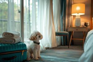 a dog sit near luggage in the a cozy hotel room with a neatly made bed. Creative concept Air transport of pets. photo imitation.