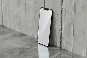 Abstract empty smartphone with mock up screen leaning on purple wall with sunlight and window shadows. Gallery concept. 3D Rendering. photo