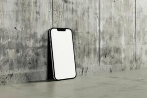 Abstract empty smartphone with mock up screen leaning on purple wall with sunlight and window shadows. Gallery concept. 3D Rendering. photo