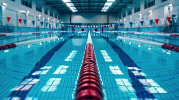 Indoor swimming pool lanes with focused lane ropes and blurred background photo