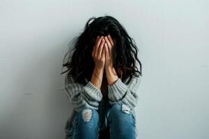 a state of distress man with hands covering her face in fear and horror concept. A close-up portrait of a person covering their face with their hands, conveying a sense of shame or discomfort. photo