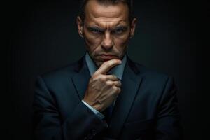 Portrait of a businessman thinking with one hand on his chin looking at camera. Business, curiosity, planning, feasibility analysis, solving problem, finding solution photo