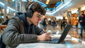a young student woman listening to online learning lecture from earphones, writing summary, essay, notes in copybook photo