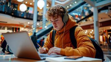 a young student woman listening to online learning lecture from earphones, writing summary, essay, notes in copybook photo