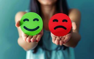 Contrasting Emotions Hands Holding Red and Green Sad Face Icons for Feedback and Customer Satisfaction. photo