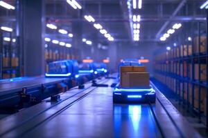 Sleek autonomous robotic vehicle with cardboard box navigating through the high-tech warehouse storage facility photo