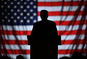Silhouette of a person at a podium with USA flag background. photo