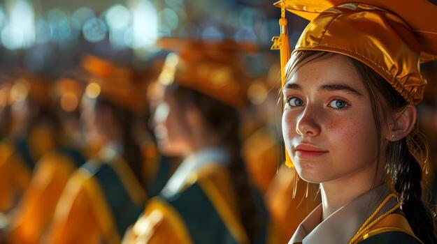 students graduating university college school at their graduation ceremony. Queue of graduates. photo