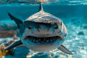 close up Tiger Shark Swimming underwater . photo