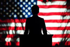 Silhouette of a person at a podium with USA flag background. photo