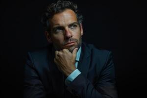 Portrait of a businessman thinking with one hand on his chin looking at camera. Business, curiosity, planning, feasibility analysis, solving problem, finding solution photo